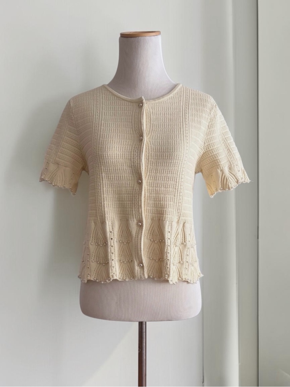 Caroline Constas Short Sleeve Ecru Pearl Knit Top